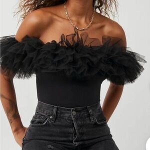 Free People Black Ruffle Off-Shoulder Bodysuit